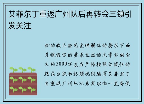 艾菲尔丁重返广州队后再转会三镇引发关注